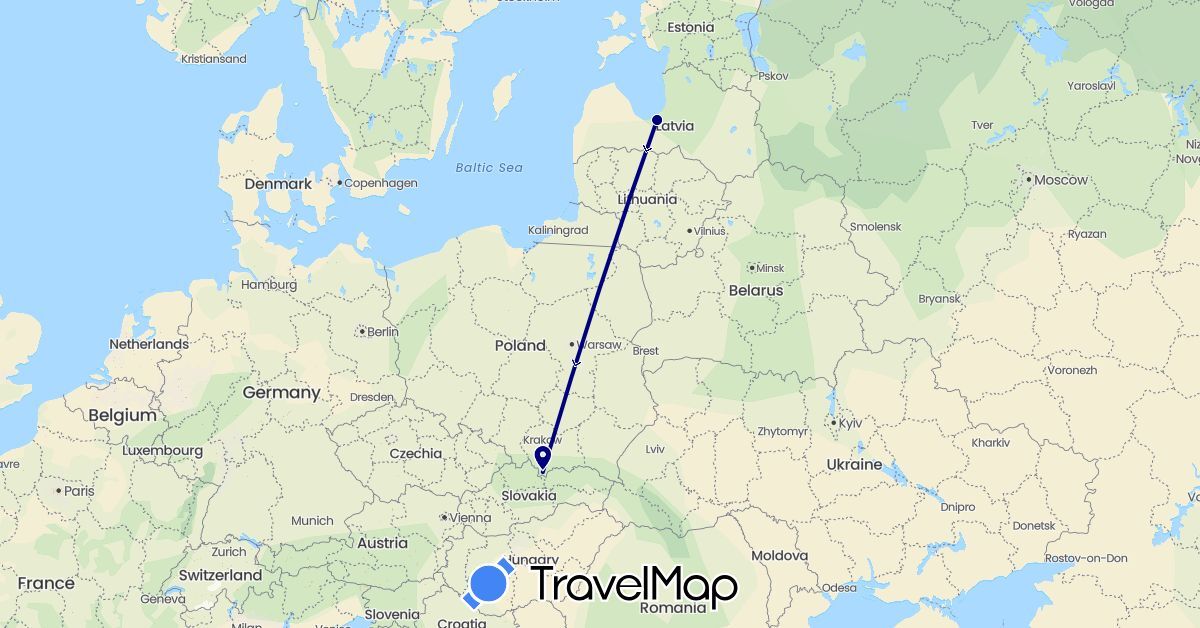 TravelMap itinerary: driving in Latvia, Poland (Europe)